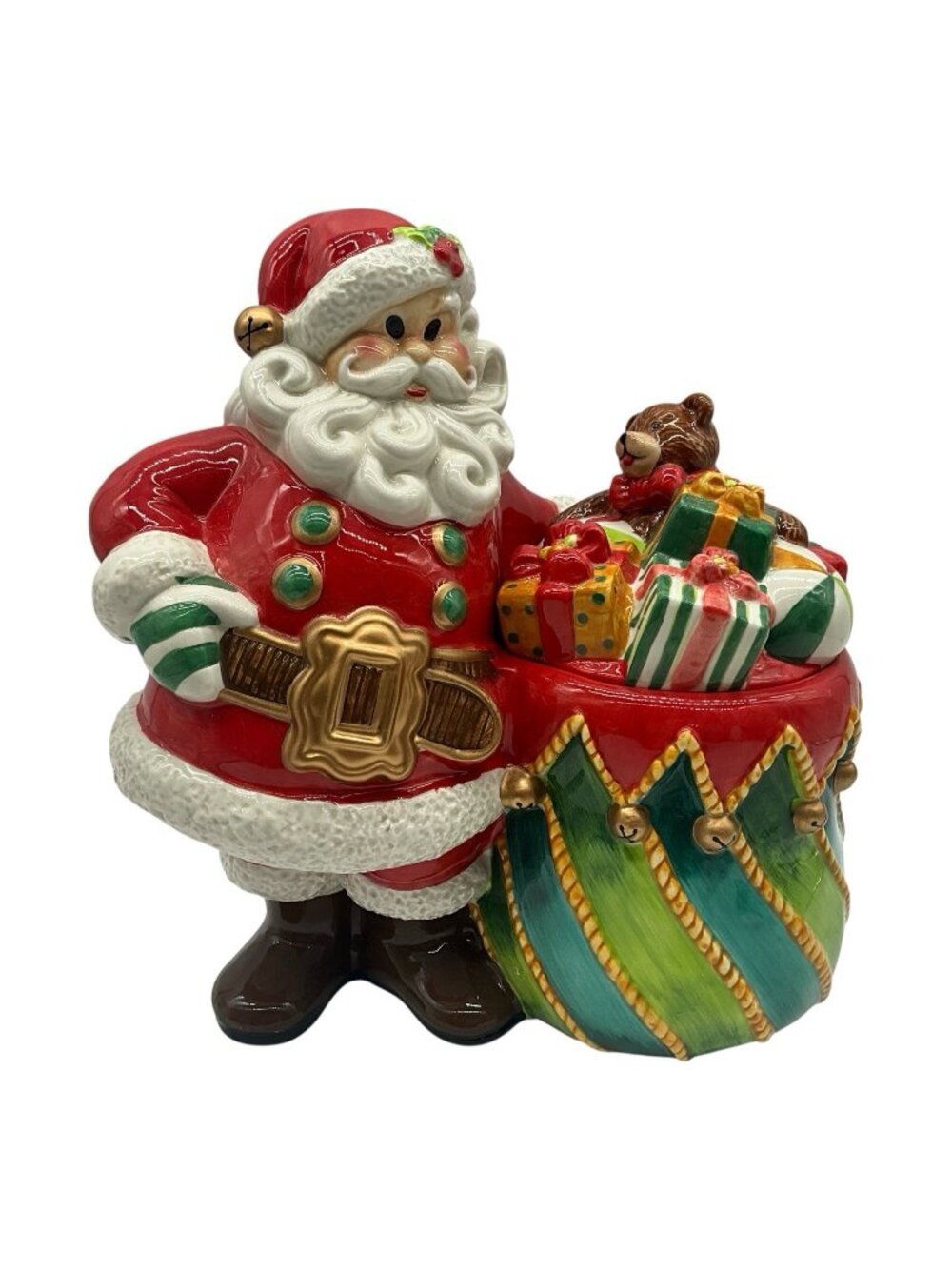 Christopher Radco "Splendid Santa" Cookie Jar Features Red and Green Toy Bag